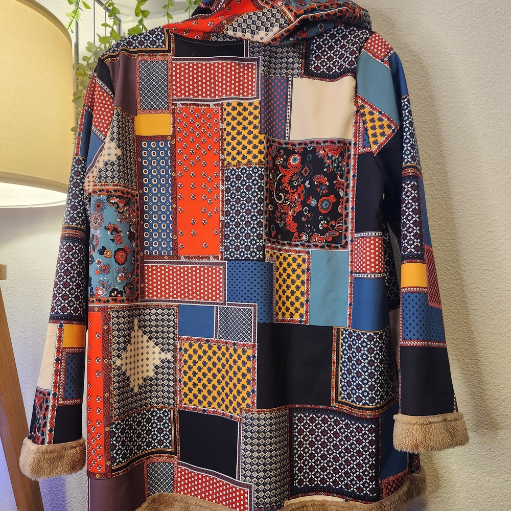 Patchwork-Pattern Pea Coat with Faux-Fur Trim - Multicolor - Picture 2 of 2